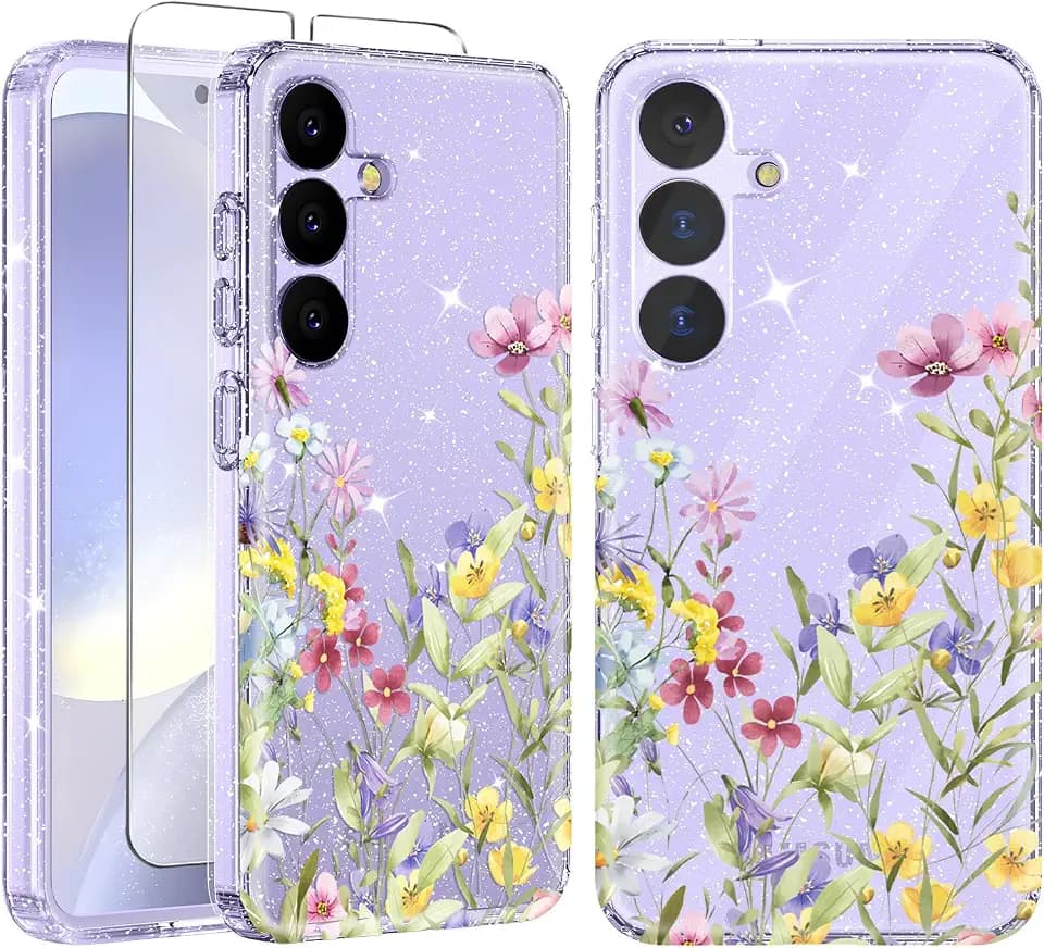 for Samsung Galaxy S25 Case Floral, with Screen Protector [Full Camera Protection] [Drop Protection] Glitter Slim Flower Women Phone Case for Galaxy S25 6.2"