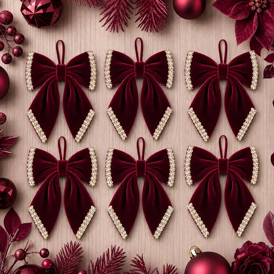RoundFunny 6 Pcs Burgundy Velvet Christmas Bow Ornaments Xmas Tree Decor