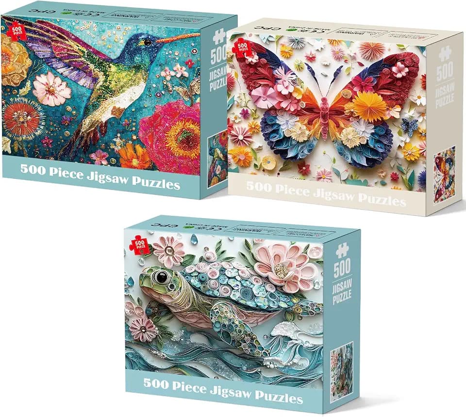 3 Pack 500 Piece Puzzles for Adults, Colorful Butterfly Flower Turtle Hummingbird Puzzle for Adults Seniors, Unique Jigsaw Puzzle, Challenging Family Games Gifts for Friends Men Women 20.5 * 15In