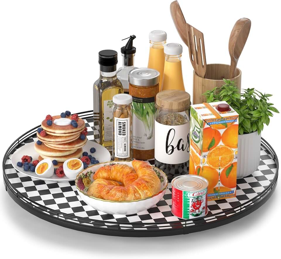 AMH 21-Inch Black and White Checkerboard Lazy Susan Decorative Tray