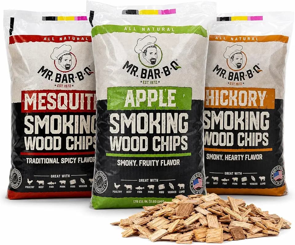 Wood Smoker Chips Bundle of 3 Flavors - Apple, Mesquite & Hickory Wood Chips by Mr. Bar-B-Q, Can be Used on Gas & Charcoal Grill, Variety of Flavors for Smokers, Grilling, BBQ, Camping(3 x 1.8 Lb Bag)