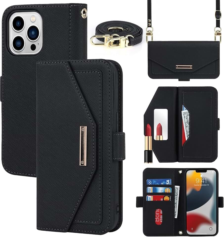 CAVOR Handykette Handyhülle kompatibel mit iPhone 13 Pro Max Hülle Mit Band,Flip Leder Geldbörse Handyhülle,[Spiegel][5 Kartenfach][Magnetisch],Klapphülle Handytasche zum umhängen - Schwarz
