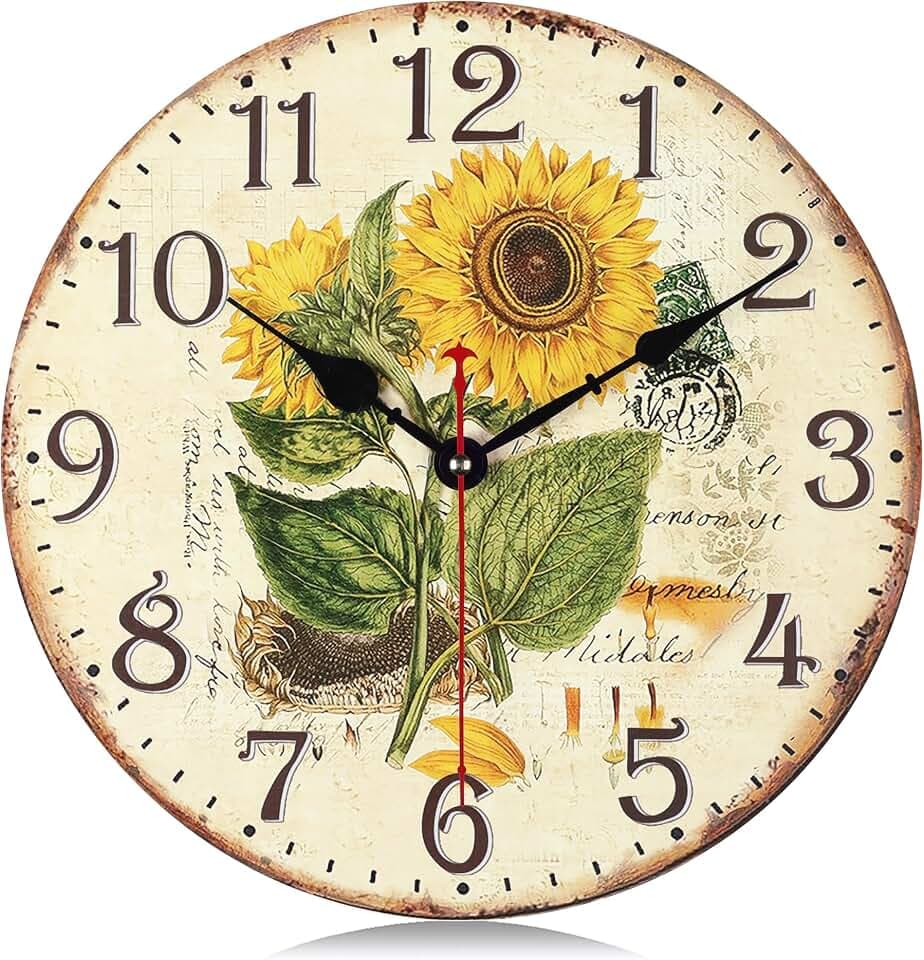 Lafocuse Lautlos Wanduhr Sommer Sonnenblume Vintage, Retro Holz Shabby Chic Wanduhren Deko Ohne Ticken für Wohnzimmer Schlafzimmer Küchen Büro 30cm
