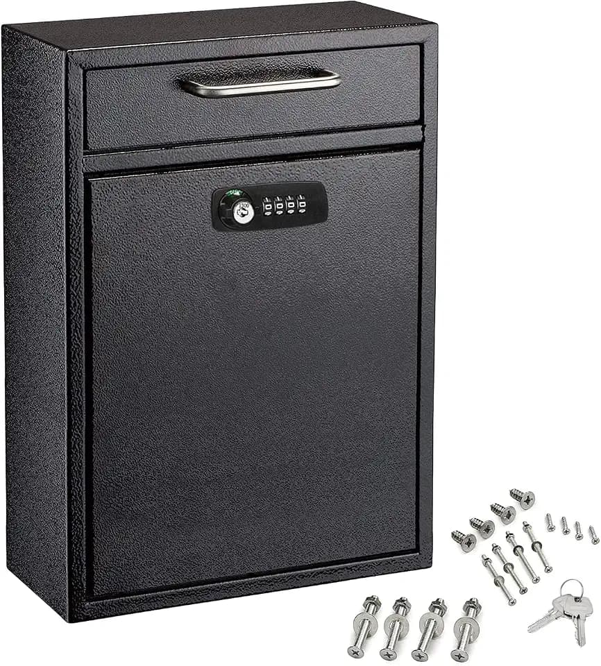 AdirOffice Wall Mount Mailbox - Combination Mailbox with Keys- Durable Wall Mounted Locking Mail Box and Cash Drop Box for House, Apartments and Business After Hours Deposits (Large, Black)