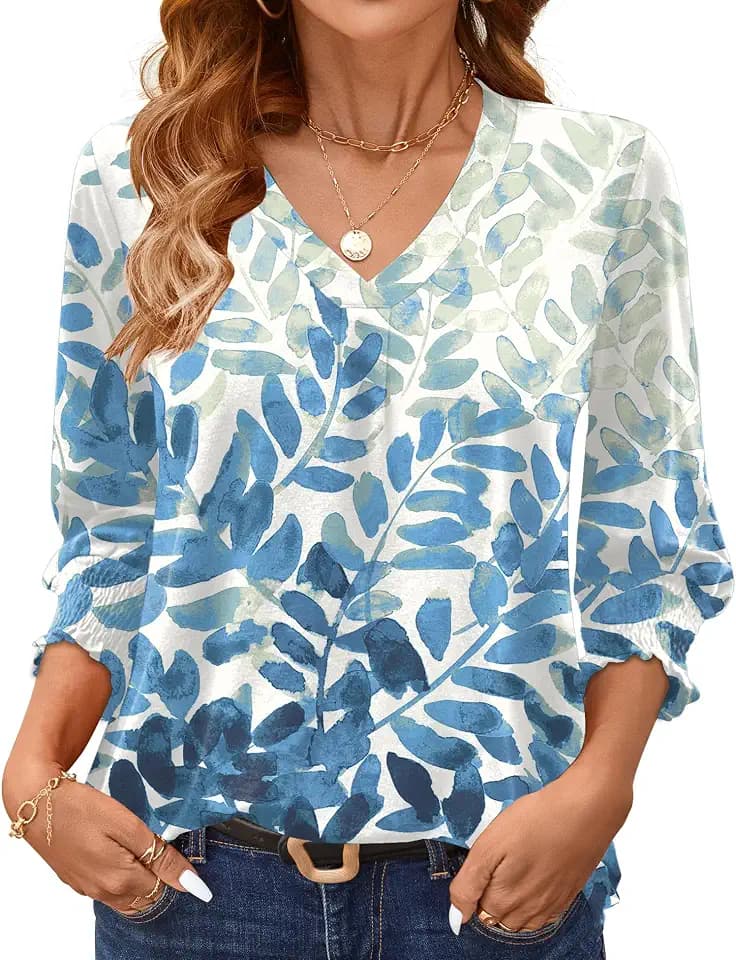 AKEWEI 3/4 Length Sleeve Womens Tops Summer Fashion V Neck Business Casual Blouses Smocked Shirts