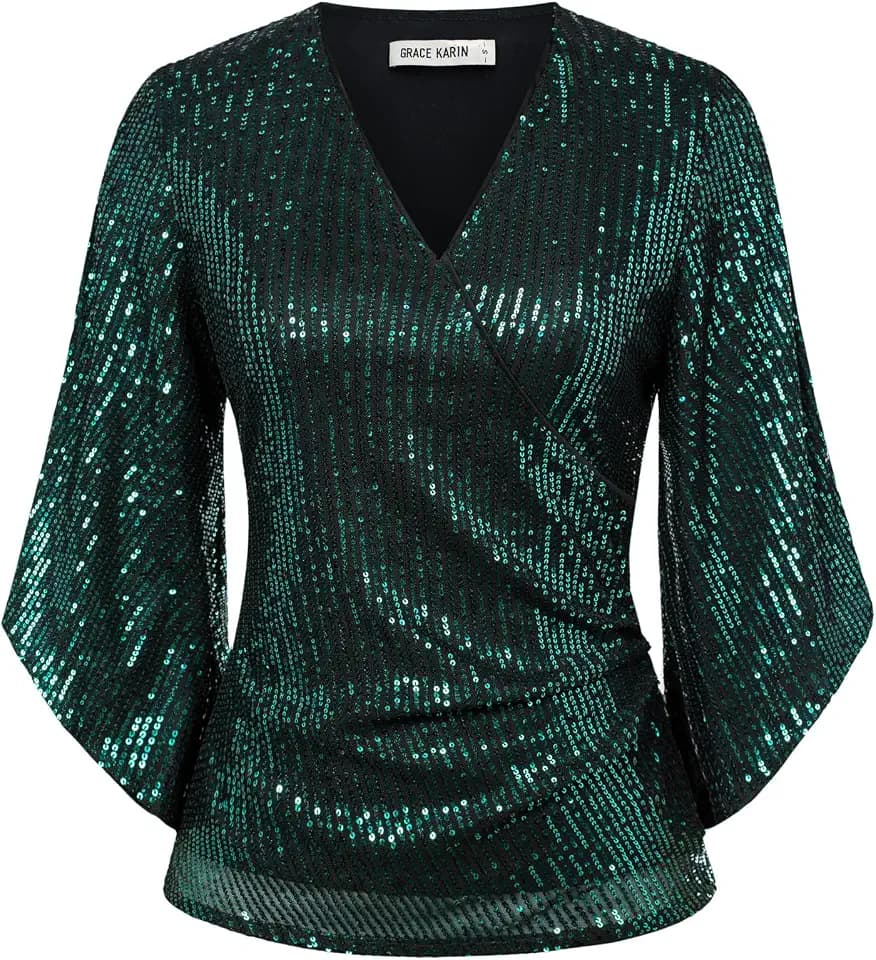 GRACE KARIN Damen Pailletten Bluse Festliche 3/4 Ärmel Elegante Oberteil