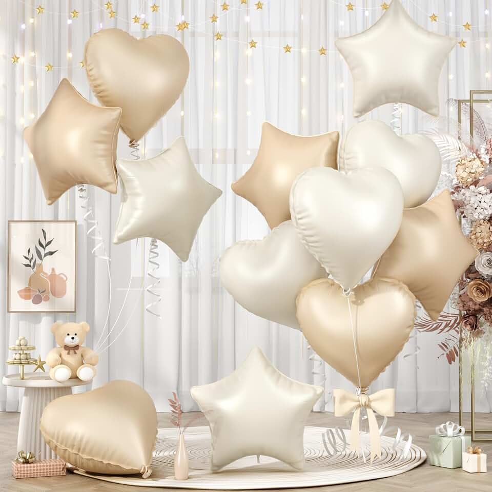 Cream Caramel Heart Balloons, Star Balloons for Neutral Boho Baby Shower
