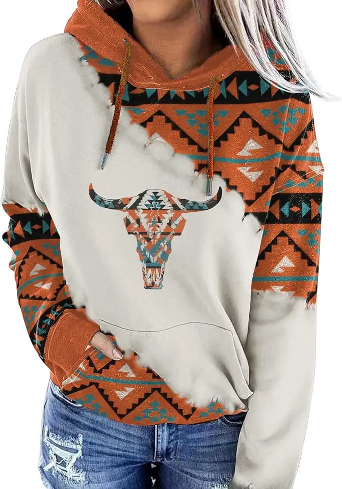 Lanaoree Women's Geometric Horse Print Aztec Hoodie Pullover Cowgirl Western Hooded Sweatshirt S-2XL