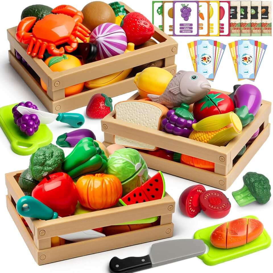 BunnyJOY Kinderküche Spielküche Zubehör, Kaufladen Kaufmannsladen Zubehör, Einkaufskorb Kinder, Gemüse Obst Küchenspielzeug Mädchen ab 3 Jahren, Geschenke Rollenspiele