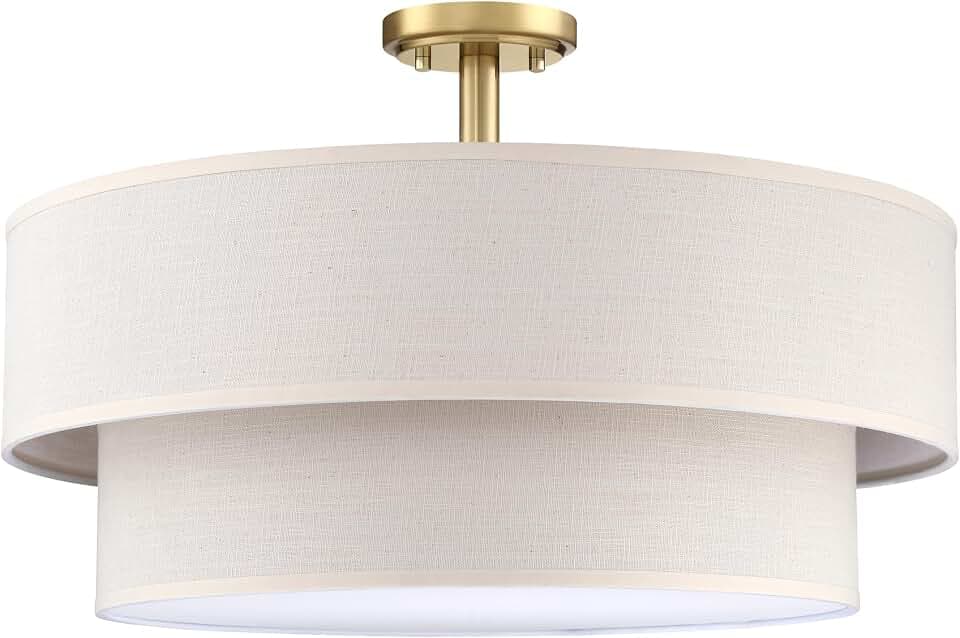 20" 2 Tier Linen Drum Fabric Modern Farmhouse Semi Flush Mount Light