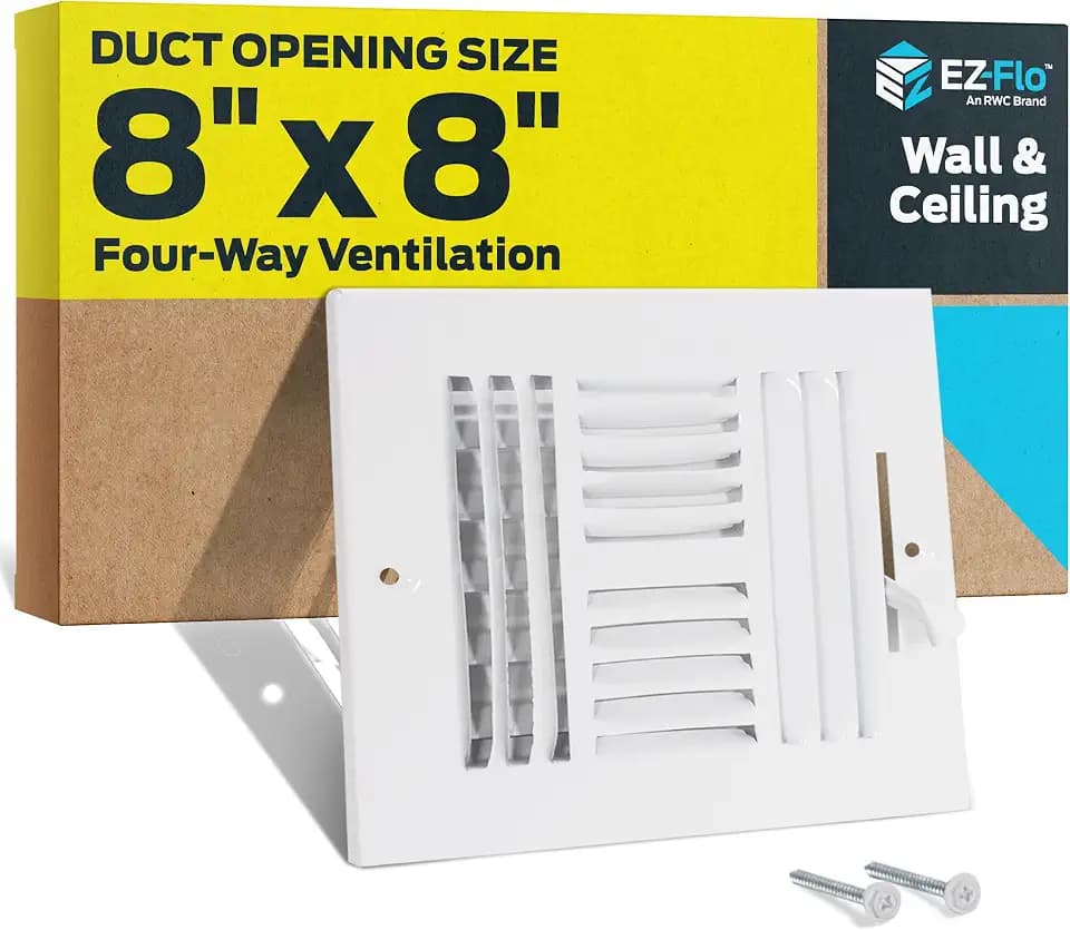 EZ-FLO 8 x 8 Inch (Duct Opening) Air Vent Cover for Wall or Ceiling, Four-Way Ventilation Register, Solid Steel HVAC Register Cover, White, 61618