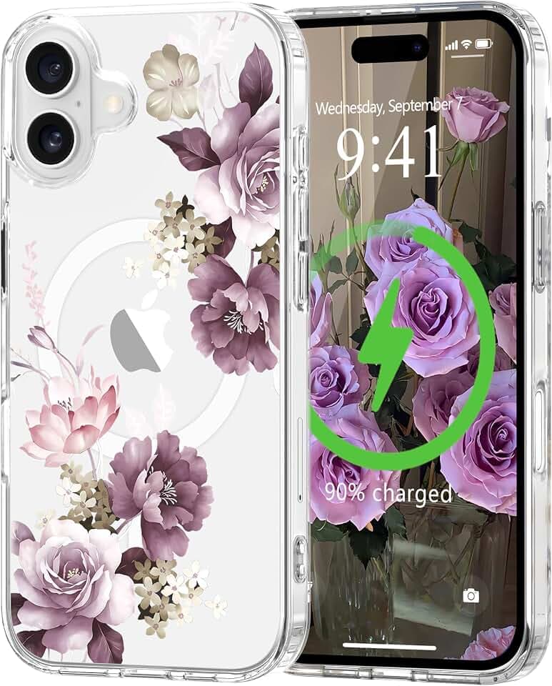 for iPhone 16 Case Flower Clear Magnetic Floral,Purple