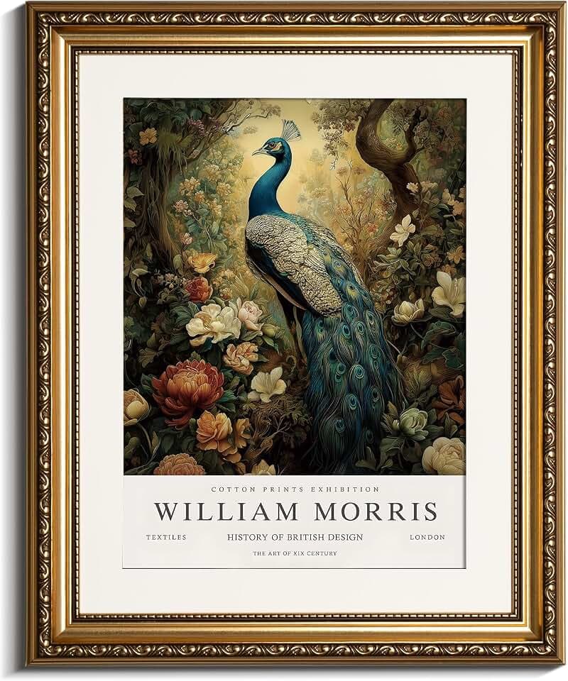 InSimSea Retro Gold Framed Wall Art, William Morris Peacock Canvas Prints Art, Small Shelf Decor, 13x16inch, Vintage Pictures Decor for Bedroom Bathroom Dining Room