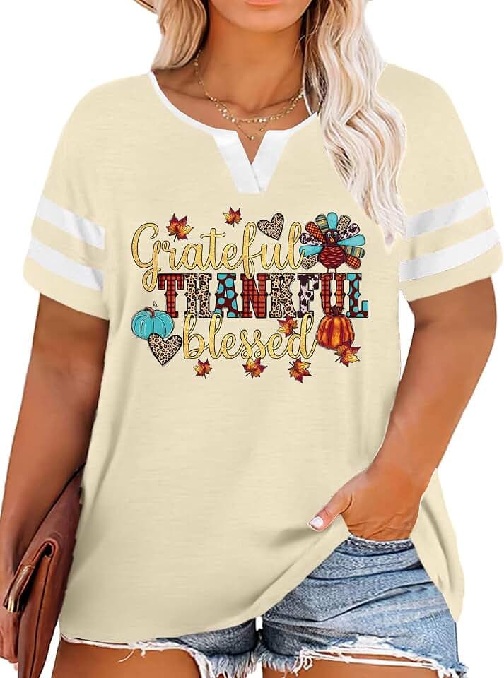 LHBNK Plus Size Thanksgiving Shirts Women Thankful Greatful Blessed T Shirt