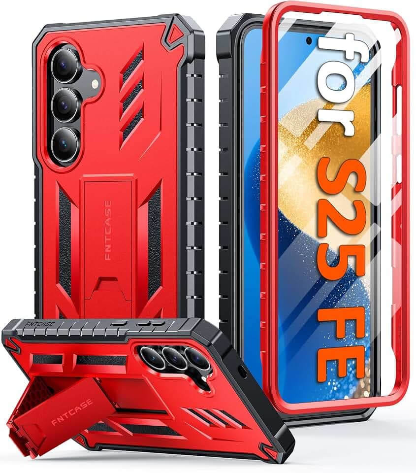 FNTCASE for Samsung Galaxy S25 FE Case with Built-in Screen Protector Red