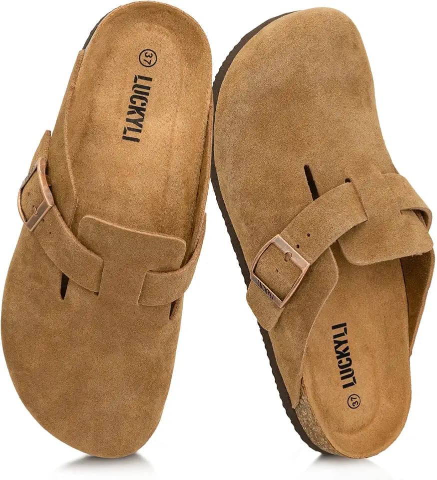 LUCKYLI Kids Suede Clogs Cork Footbed Sandals Boys Girls Slip On Mules with Arch Support Lightweight Adjustable Buckle Slippers for Indoor Outdoor (Little/Big Kids)
