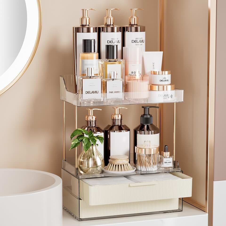 Delamu 4-Tier Makeup Organizer, Bathroom Counter, 2 Drawers,Cream White