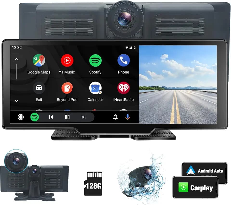 Kabellos für Carplay Android Auto, Tragbares 10,26 Zoll Carplay Radio, Einstellbare 2,5K Dashcam mit 128G TF Karte, Auto Audioempfänger mit BT Sprachsteuerung AUX FM, Rückfahrkamera mit Loop Aufnahme
