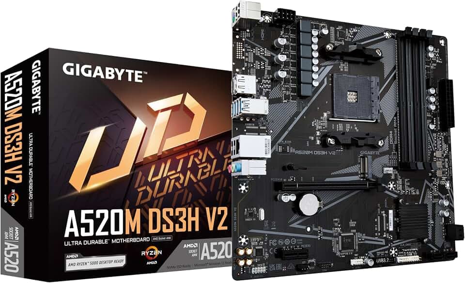 GIGABYTE A520M DS3H V2 Mainboard - Unterstützt AMD Ryzen 5000 Serie AM4 CPUs, bis zu 4733 MHz DDR4 (OC), PCIe 3.0 x16, GbE LAN, USB 3.2 Gen 1