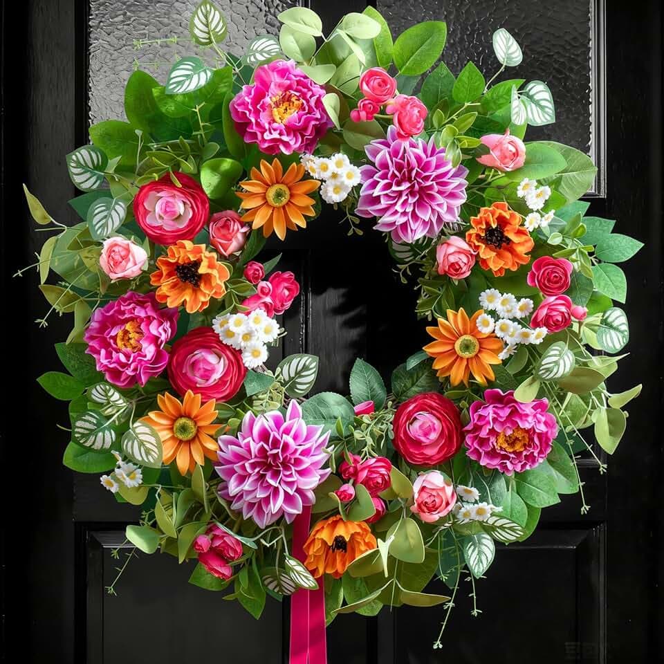 Spring Summer Wreaths for Front Door 24 Inch with Dahlia, Peony & Daisy Spring Wreaths for Front Door Outside Summer Door Wreath for Entryway, Porch & Home Décor Outdoor Summer Wreath