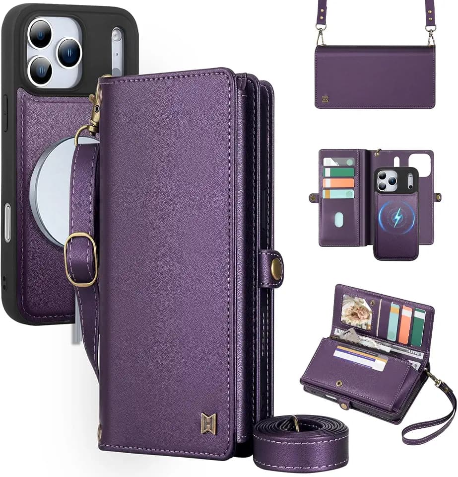 for Wallet Case Compatible with iPhone 17/18 Pro Max,Multi-Function Detachable Magnetic iPhone 17/18 Pro Max Wallet,Flip Strap Zipper Card Holder Phone Case with Shoulder Straps (Pruple)