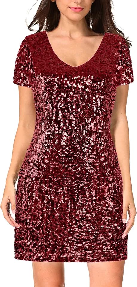 MANER Women's Sequin Glitter Short Sleeve Dress Sexy V Neck Mini Party Club Bodycon Dresses
