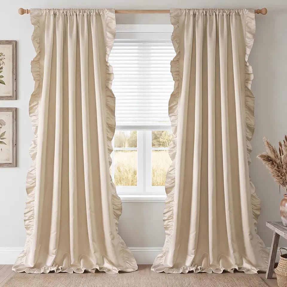 StangH Farmhouse Fall Decor Ruffle Curtains 52x84 Long, Beige, 2 Panels