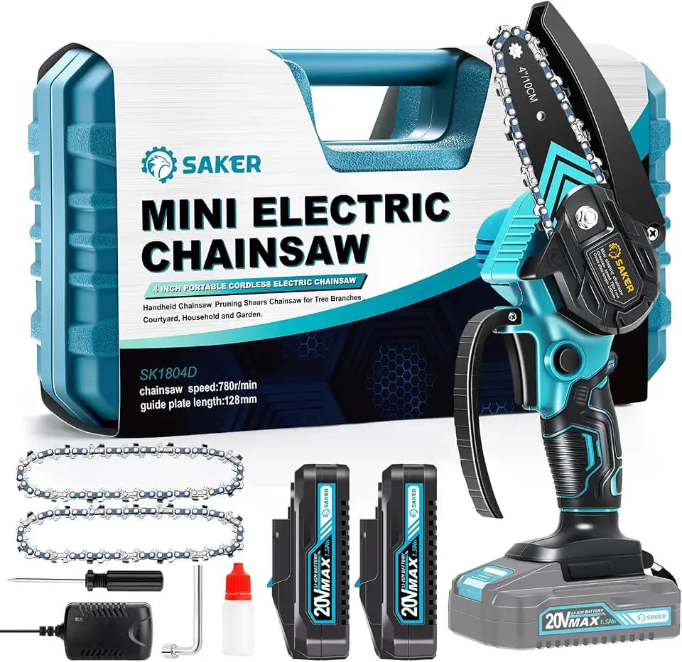 Saker Mini Chainsaw,Portable Electric Cordless Chainsaw,Battery Powered,Small Power Handheld Chain Saws Pruning Shears for Tree Branches,Courtyard and Garden(2PCS 20VBatteries&3 PCS Chains Blue)
