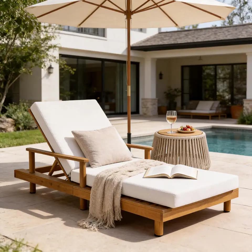 Christopher Knight Home Tuki Acacia Wood Chaise Lounge Chair Outdoor, Poolside Sun Lounger Recliner, Patio Outdoor Chaise Lounge with Cushions, Adjustable Backrest Single Lounge Sofa, Cream+Teak