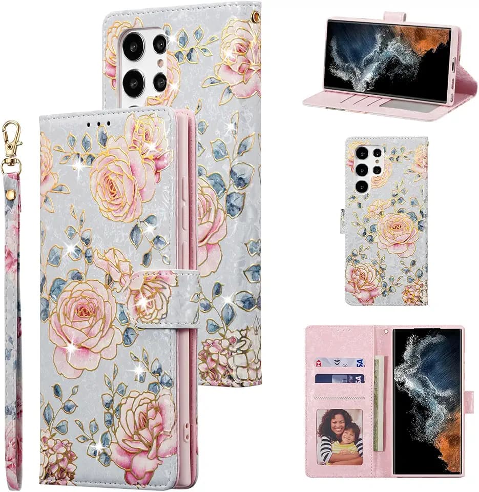 UEEBAI Wallet Case for Samsung Galaxy S26 Ultra, PU Leather Phone Cover Kickstand RFID Blocking Flip Case Card Slots Wrist Strap Relief Engraved Pattern Magnetic Closure Flower Wallet, Purple Rose