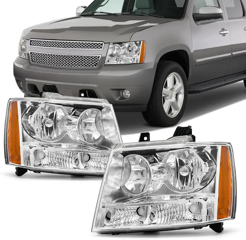 Headlights Compatible with Chevy 2007-2013 Avalanche / 2007-2014 Tahoe / 07-14 Suburban 1500/07-13 Suburban 2500 Chrome Housing Amber Reflector Replacement Pair