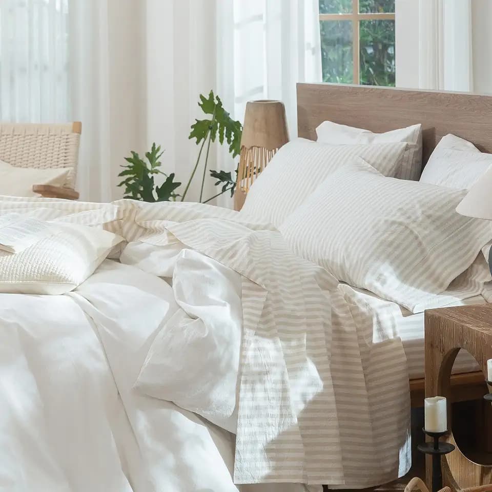 MooMee Striped Sheet Set 100% Washed Cotton Linen Like Queen