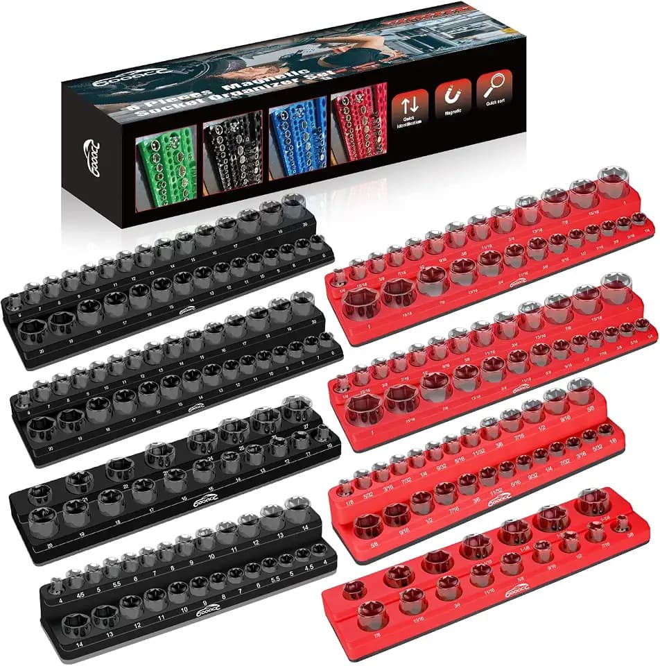 GOOACC 8 PCS Magnetic Socket Organizer, Heavy Duty Socket Organizer Tray 1/4" 3/8" 1/2" SAE Metric Drive Sockets Holds 199, Magnetic Socket Holder for Tool Box Drawer Chest Garage Storage, Black&Red