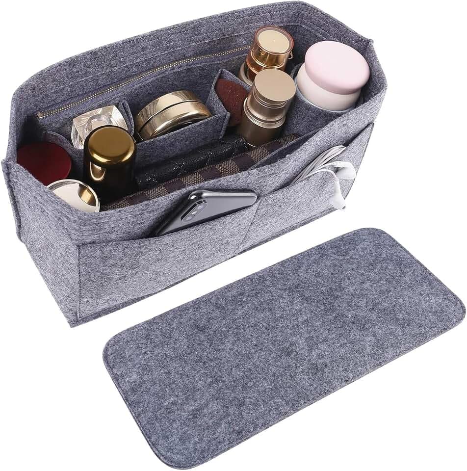 Doxo Purse Organizer Insert for Handbags & Base Shaper 2pc Set, Felt Neverfull MM Organizer Insert, Tote Bag Organizer with Zipper Pocket and Bottle Holder, Fit Speedy 30 Neverfull MM and More,Gray-L