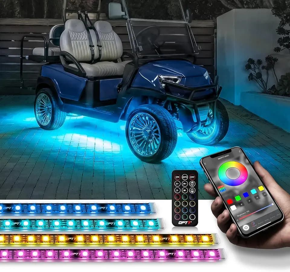 OPT7 Aura RGB Golf Cart Lights, 12V Underglow Kit with App & Remote Control