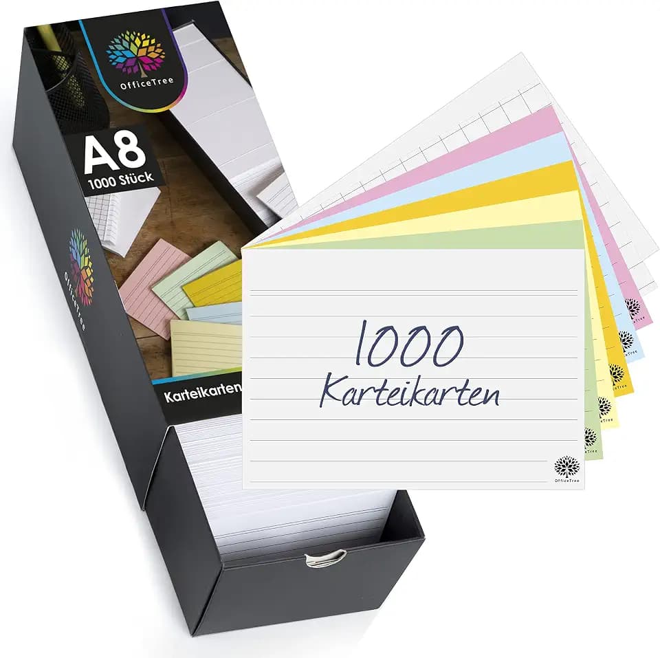 OfficeTree 1000x Karteikarten A8 Box - Liniert, Kariert, Blanco und Bunt - Lernkarten mit Karteikarten Box - Vokabelkarten für Vokabeln lernen Formeln und Notizen - Karteikartenbox