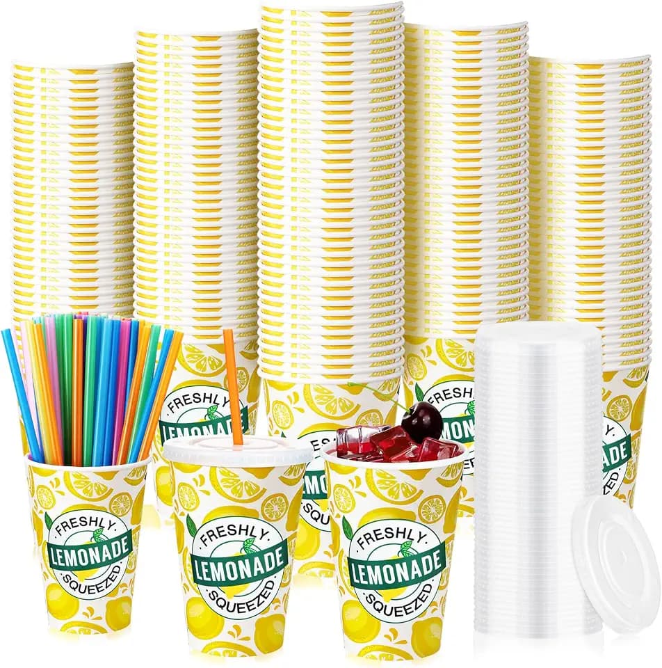 Meanplan 100 Sets Lemonade Cups with Lids Straws Lemon Party Stand, 12 oz