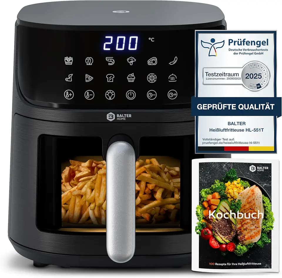 Balter Heißluftfritteuse Airfryer, 5,5 L, Friteuse Heissluftfritteuse XXL mit Sichtfenster, 12 Programme, all-in-1 Air Fryer, inkl. 100 Rezepte, HL-551T
