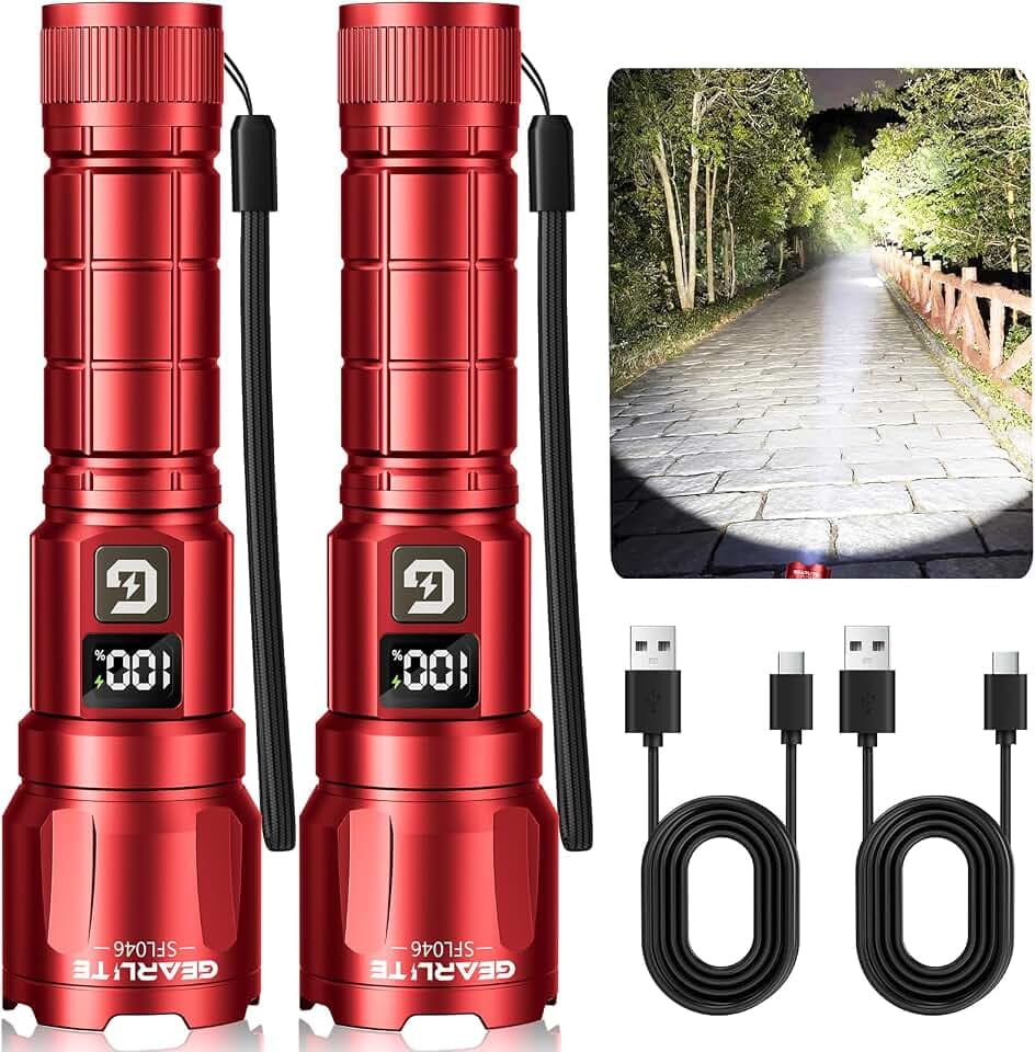 GEARLITE Taschenlampe LED Aufladbar, 3 Lichtmodi 6000L Superhelle Zoombares Taschenlampen mit LCD Batterie Display, IP65 Wasserdichte & XHP70.2 Taktische Handlampe für Camping Angeln, Notfäll (2, Rot)