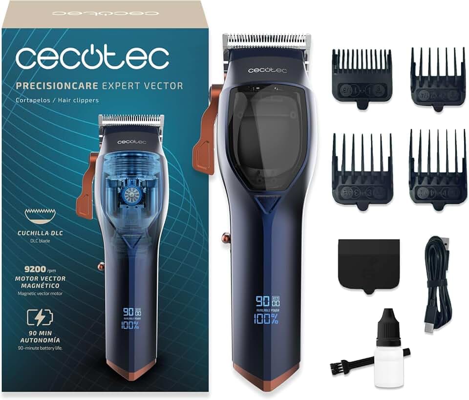 Cecotec PrecisionCare Expert Vector Haarschneider mit magnetischem Motor, 9200 U/min, 4 Kämme, DLC-Klinge aus Edelstahl und Keramik, Display, Betriebsdauer 90 Minuten, Ladegerät Typ C