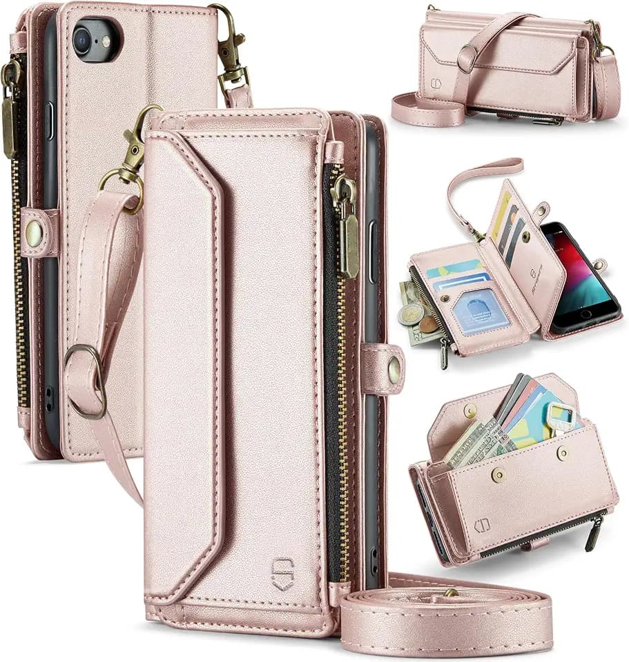 Strapurs Crossbody Wallet Case Compatible with iPhone SE/7/8 RFID Blocking 7-Card Holder Soft PU Leather Magnetic Snap Shoulder Strap Zipper Pocket Phone Cases Fit for iPhone SE 2020 2022 - Rose Gold