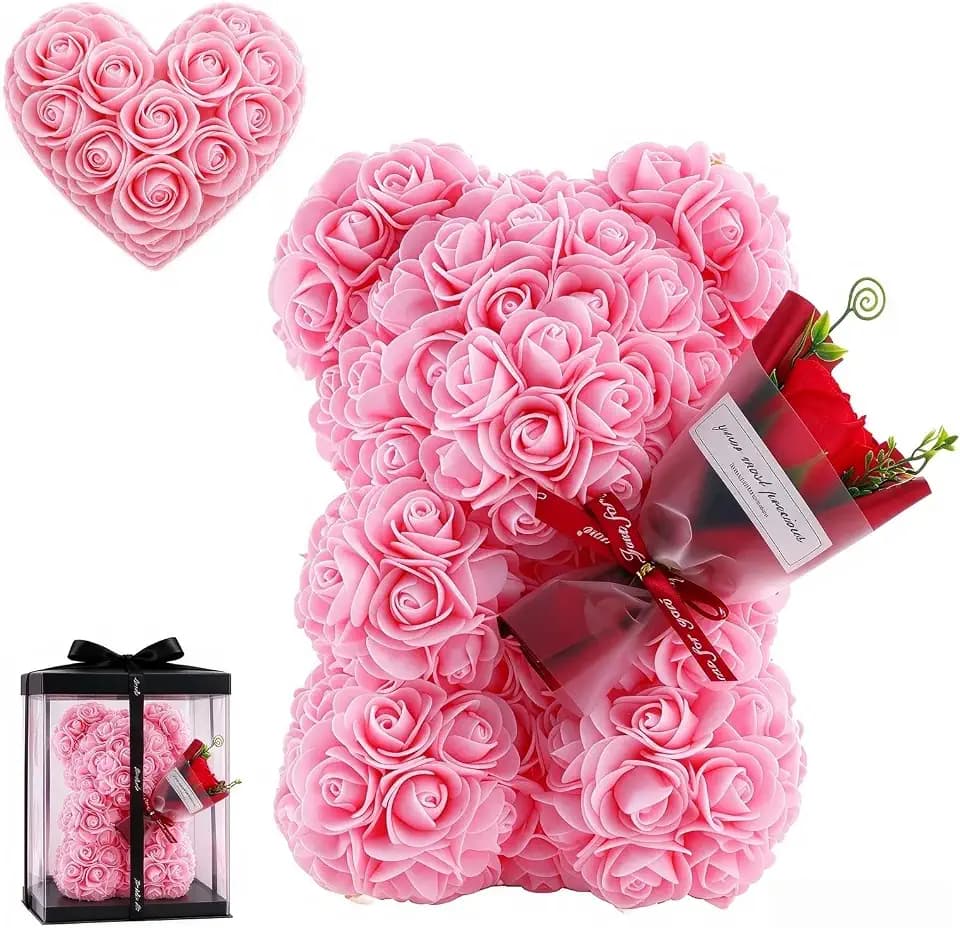 Rose Bär Rose Teddybär Blume GeschenkBox für Valentinstag Jahrestag Muttertag Weihnachten, Geburtstage Bridal Showers Vollständig handgefertigt (Rosa+Geschenkbox,1)