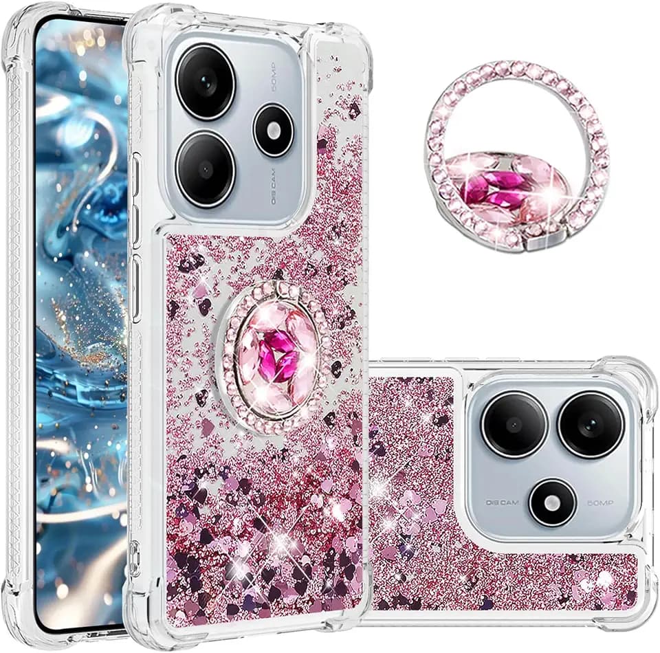 Ysnzaq Glitzer Hülle für Xiaomi Redmi Note 14 5G (Not 4G) Handyhülle mit Ring Halter Ständer, Fließender Flüssiger Pailletten Treibsand für Mädchen klar Schutzhülle für Redmi Note 14 5G-YBZ Rose Gold