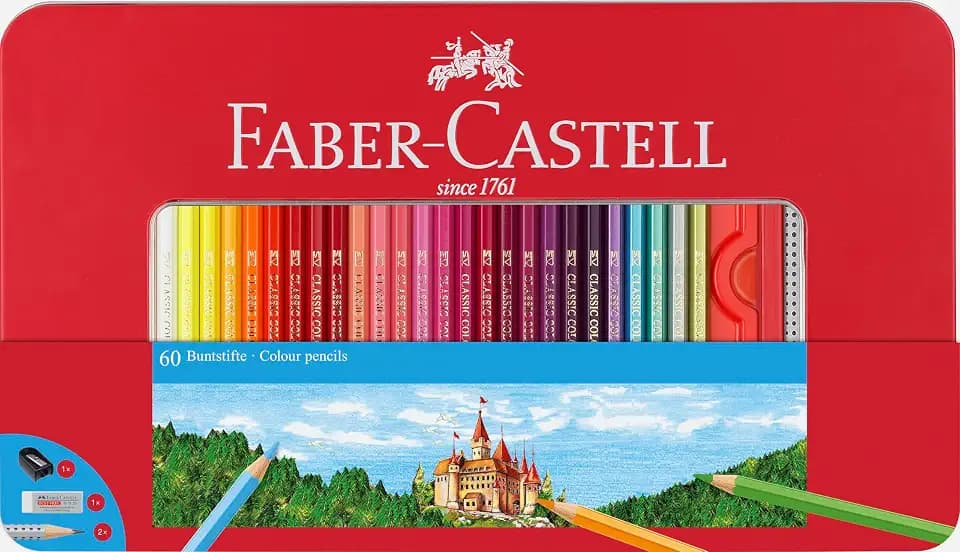 Faber-Castell - Buntstifte Set Hexagonal 60-teilig im Metalletui | Farbstifte mit bruchgeschützter Mine und leuchtenden Farben für Kinder und Erwachsene