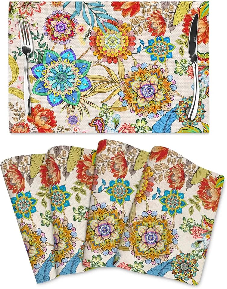 Boho Floral Placemats Set of 4 Linen 12"x18" Colorful Flowers Table Mats for Kitchen Dining Table Holiday Party Heat Resistant Washable Spring Summer Farmhouse Bohemian Mandala Place Mats