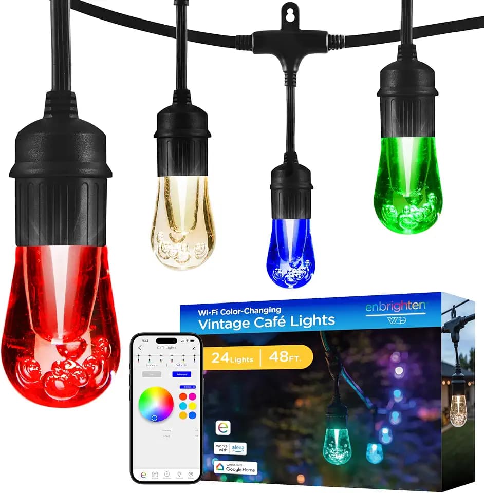 Enbrighten Vintage Outdoor String Lights, 48ft, 24 Bulbs, Smart
