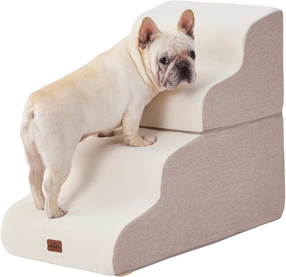 Beige Curved Dog Stairs Ramp for High Beds 22.8" H, 4-Step Dog Steps for Couch Sofa and Chair, Pet Stairs for Cats, Non-Slip Balanced Pet Steps