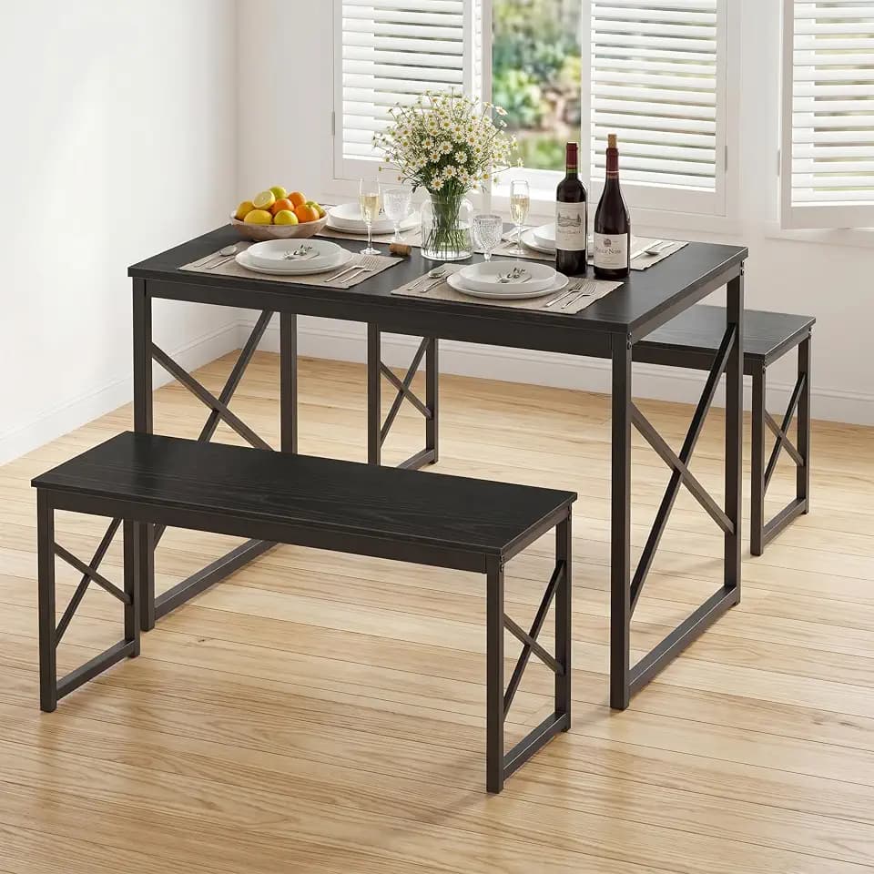 VECELO 43.3" Kitchen Dining Table Set for 4, Heavy-Duty Steel Frame & Wood-Grain Tabletop, Space-Saving Dinette Sets with 2 Benches for Breakfast Nook and Small Space, Black