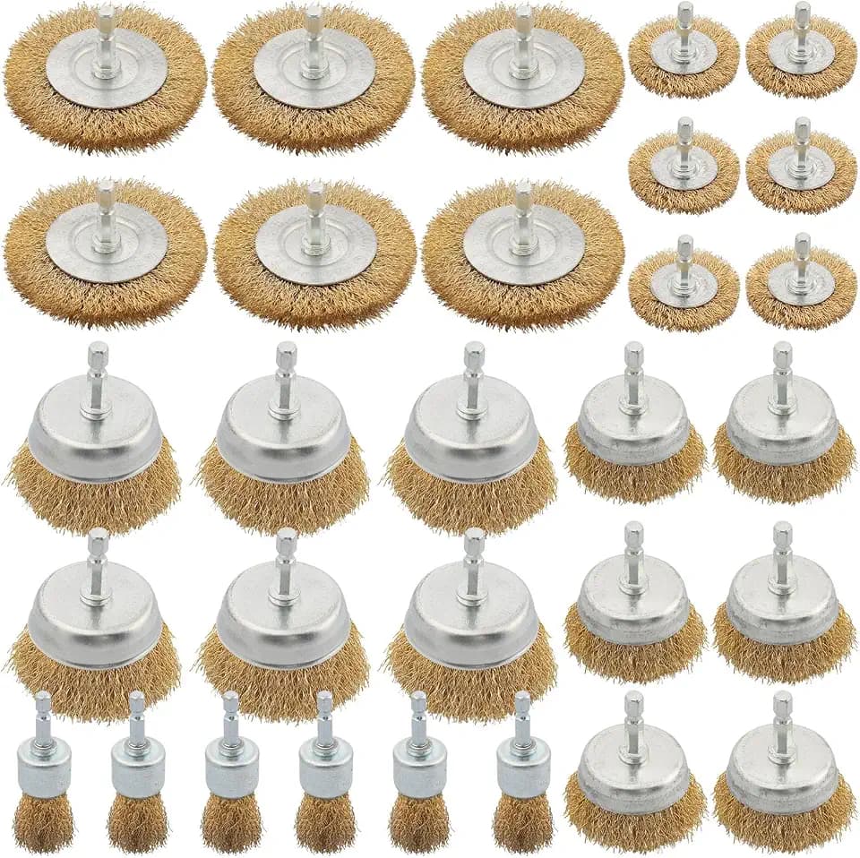 30 Pcs Wire Brush for Drill Set, Brass Wire Wheel for Drill, 1/4 Inch Hex Shank, Wire Brushes for Cleaning Rust for Drill