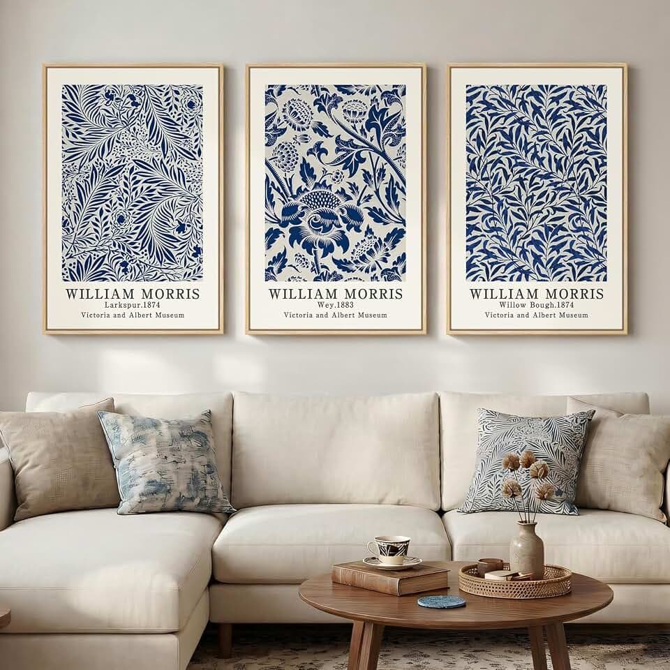 Large Framed Blue William Morris Canvas Wall Art for Living Room, 3 Piece